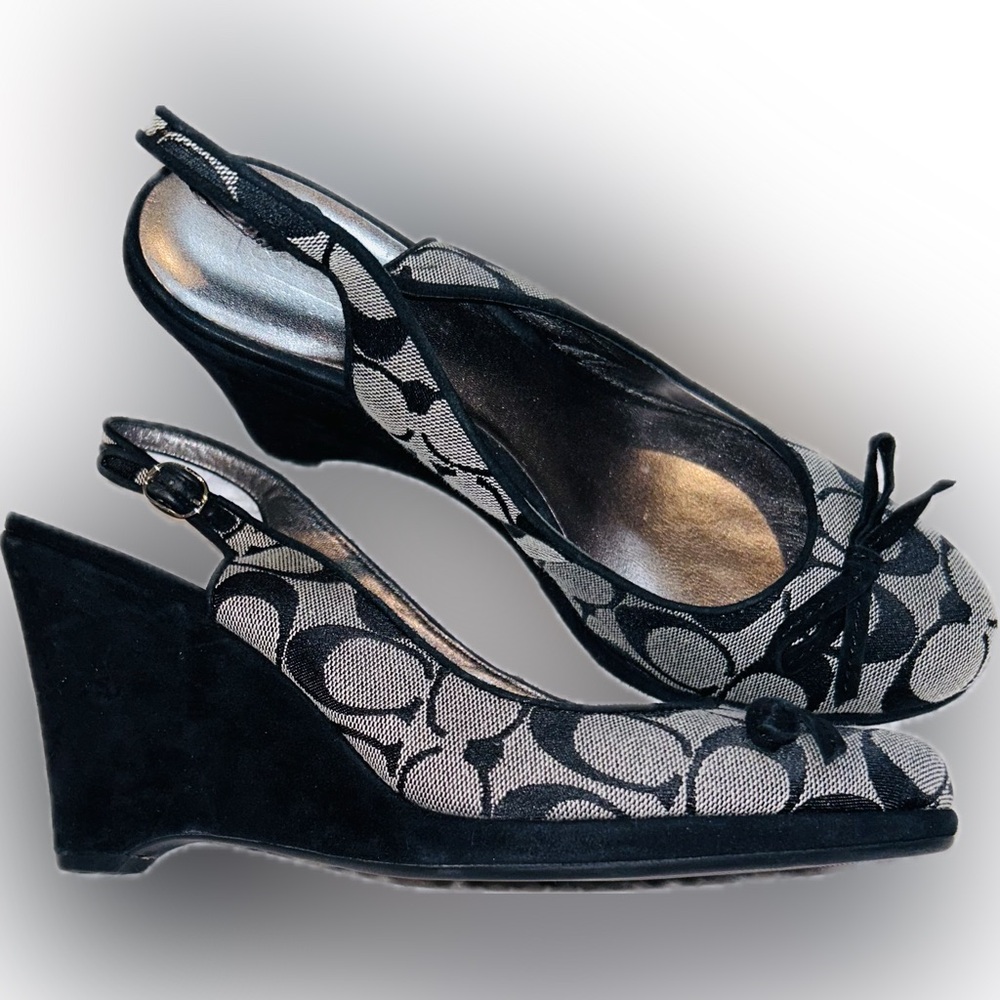 Coach Black & Gray Logo Slingback Wedges Sz 9  NWOT